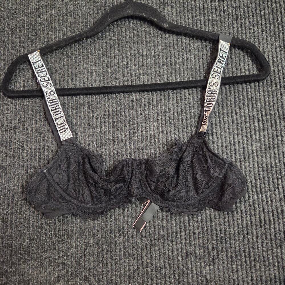 Victoria's Secret Very Sexy Shine Strap Lace Bra 34B Black Rhinestone Logo 34B